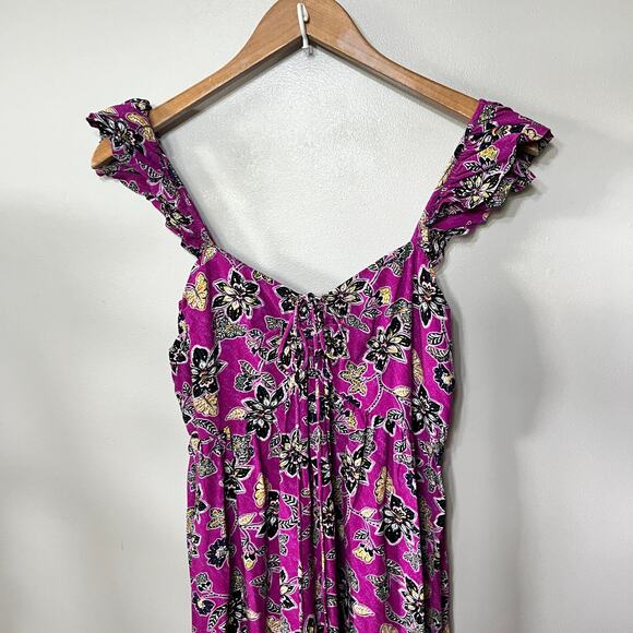 LOFT Dress Maxi BabyDoll Magenta Black Gold Floral Viscose Cottagecore Summer 8 - Picture 2 of 8